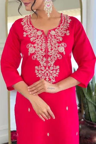  rani pink roman silk blend embroidered kurta pant set with jacquard dupatta