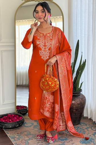  rust orange roman silk blend embroidered kurta pant set with jacquard dupatta