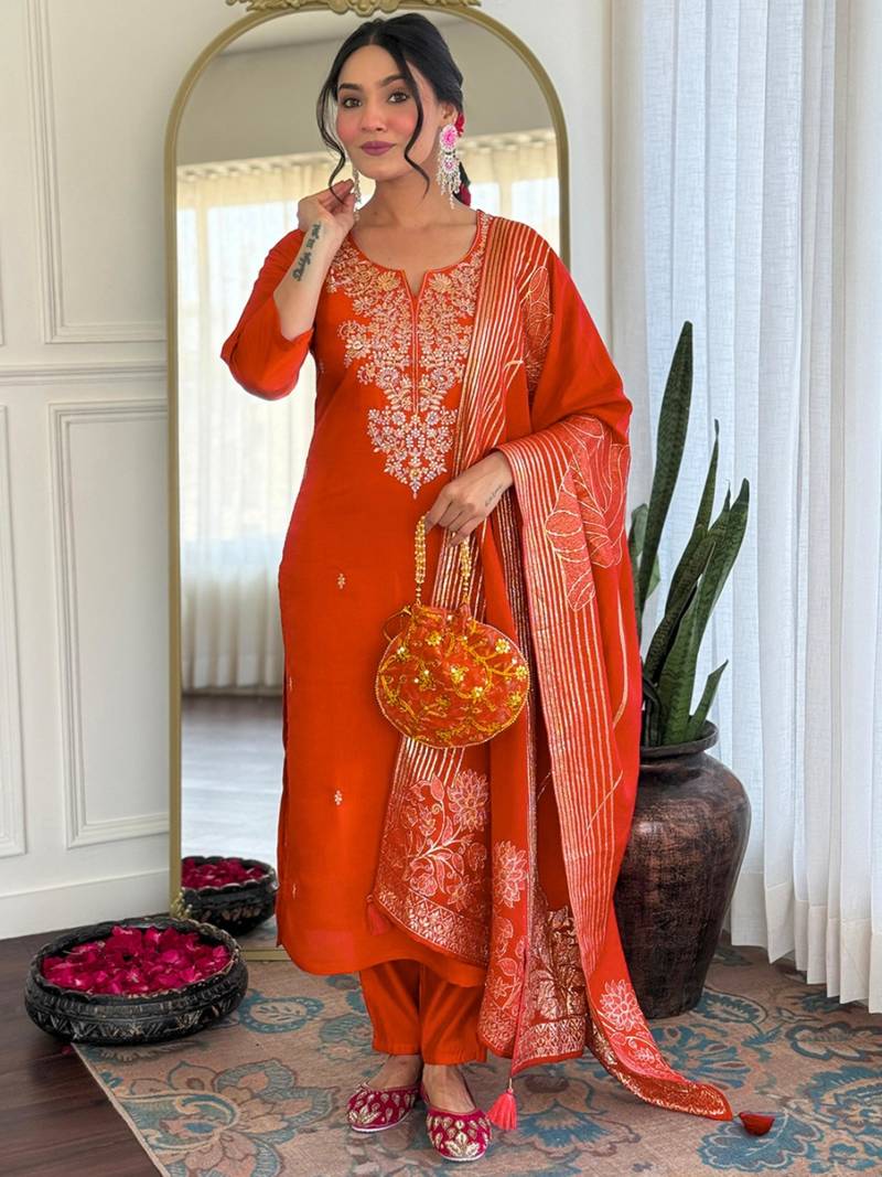  rust orange roman silk blend embroidered kurta pant set with jacquard dupatta