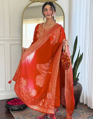  rust orange roman silk blend embroidered kurta pant set with jacquard dupatta 2