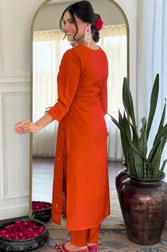  rust orange roman silk blend embroidered kurta pant set with jacquard dupatta