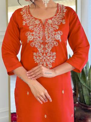  rust orange roman silk blend embroidered kurta pant set with jacquard dupatta 4