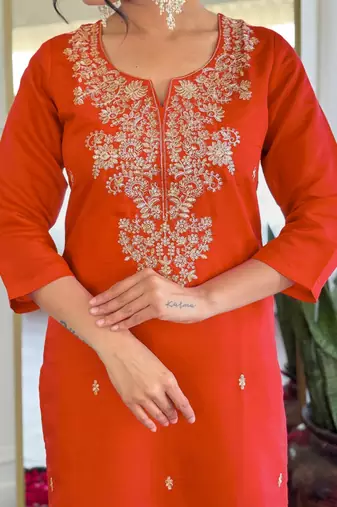  rust orange roman silk blend embroidered kurta pant set with jacquard dupatta