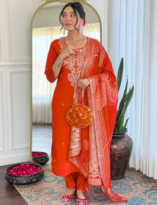 rust orange roman silk blend embroidered kurta pant set with jacquard dupatta 5