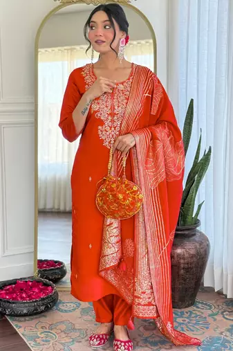  rust orange roman silk blend embroidered kurta pant set with jacquard dupatta