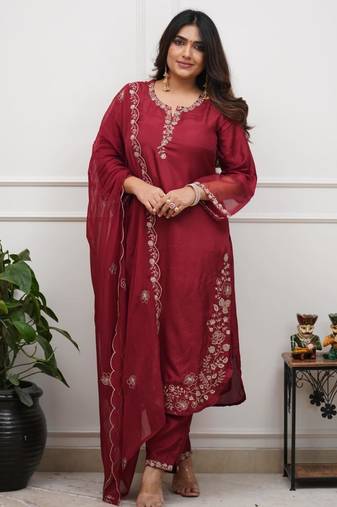  wine maroon chanderi embroidered kurta pant set with organza dupatta