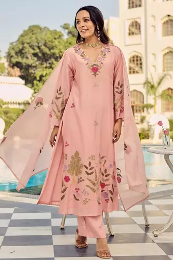  baby pink chanderi silk blend embroidered kurta pant set with embroidered dupatta