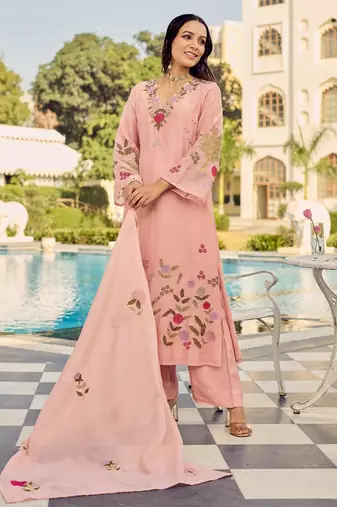 baby pink chanderi silk blend embroidered kurta pant set with embroidered dupatta