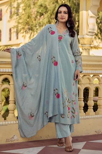  powder blue chanderi silk blend embroidered kurta pant set with embroidered dupatta