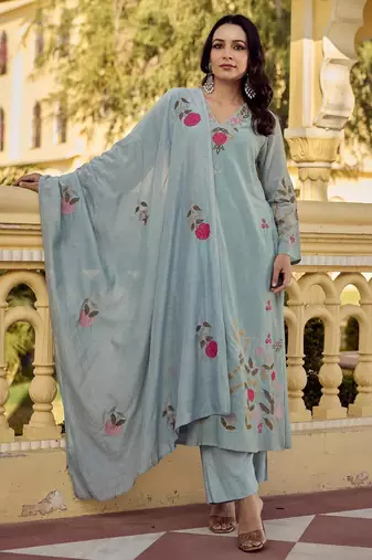 powder blue chanderi silk blend embroidered kurta pant set with embroidered dupatta