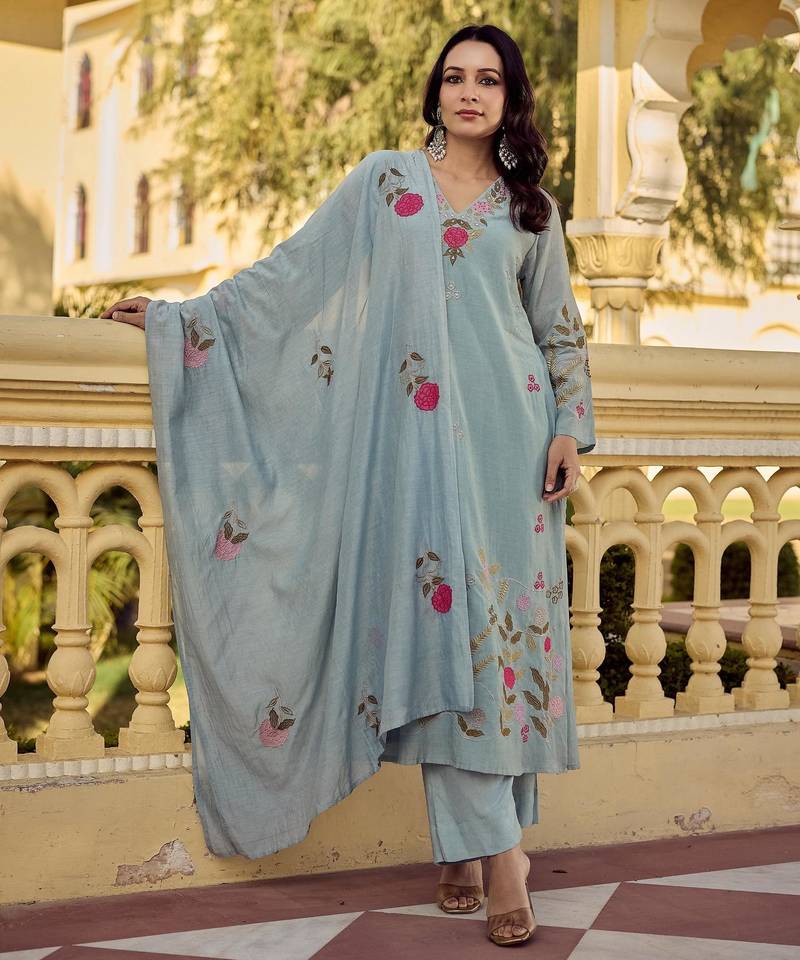  powder blue chanderi silk blend embroidered kurta pant set with embroidered dupatta