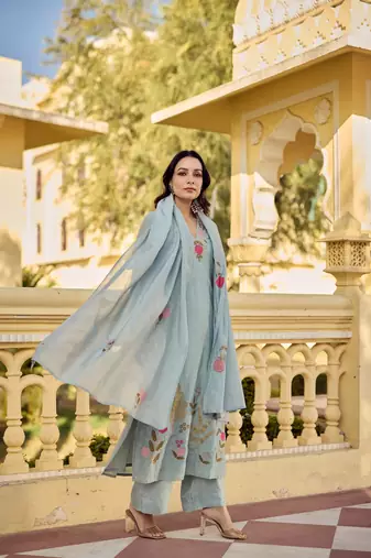  powder blue chanderi silk blend embroidered kurta pant set with embroidered dupatta