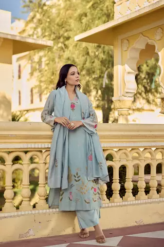  powder blue chanderi silk blend embroidered kurta pant set with embroidered dupatta