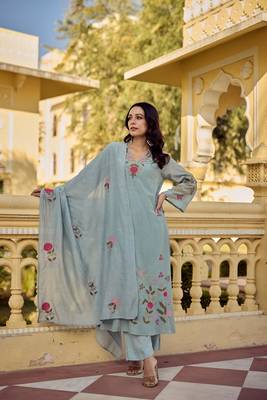  powder blue chanderi silk blend embroidered kurta pant set with embroidered dupatta 5