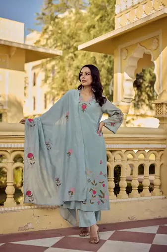  powder blue chanderi silk blend embroidered kurta pant set with embroidered dupatta