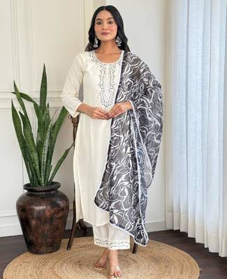  off white rayon embroidered kurta set with organza dupatta 1