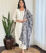  off white rayon embroidered kurta set with organza dupatta