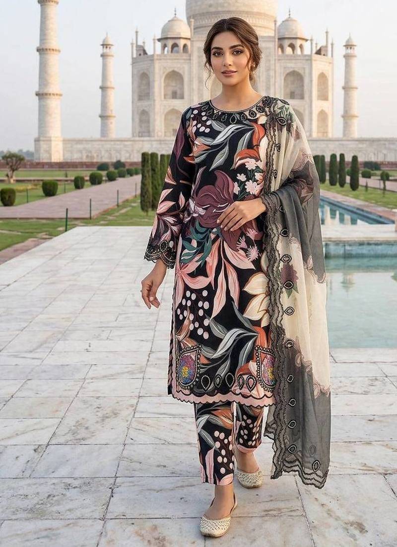 Summer special printed maslin embroidered kurti pant dupatta set