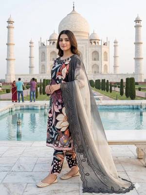 Summer special printed maslin embroidered kurti pant dupatta set 3