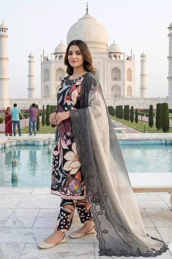 Summer special printed maslin embroidered kurti pant dupatta set