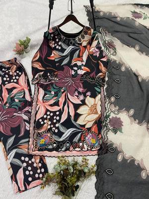 Summer special printed maslin embroidered kurti pant dupatta set 4