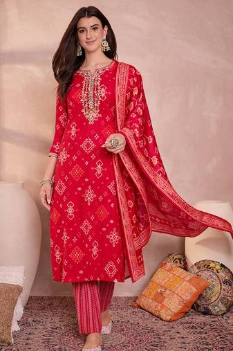 Womens pink silk blend printed ethnic motifs straight kurta set