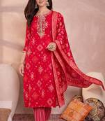 Womens pink silk blend printed ethnic motifs straight kurta set
