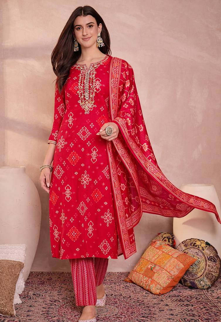 Womens pink silk blend printed ethnic motifs straight kurta set