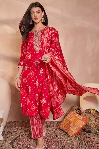 Womens pink silk blend printed ethnic motifs straight kurta set