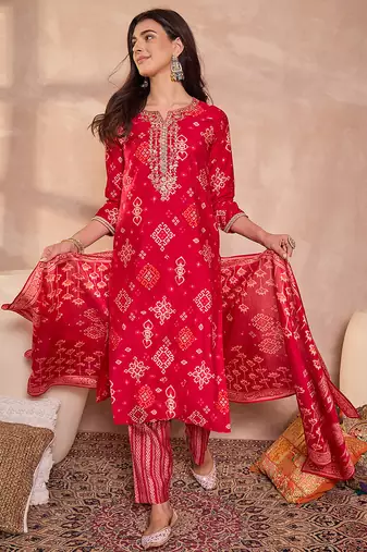 Womens pink silk blend printed ethnic motifs straight kurta set