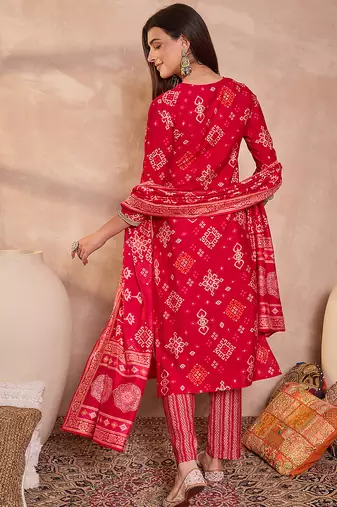 Womens pink silk blend printed ethnic motifs straight kurta set