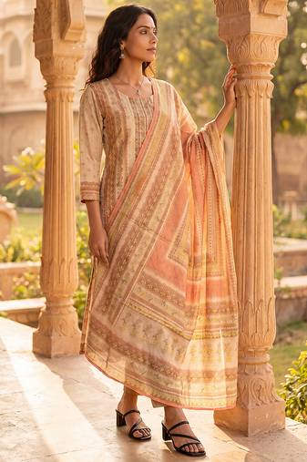 Womens peach pure cotton ethnic motifs printed  straight kurta sets