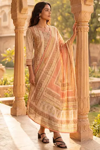 Womens peach pure cotton ethnic motifs printed  straight kurta sets