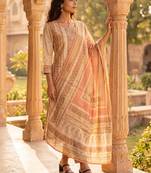 Womens peach pure cotton ethnic motifs printed  straight kurta sets