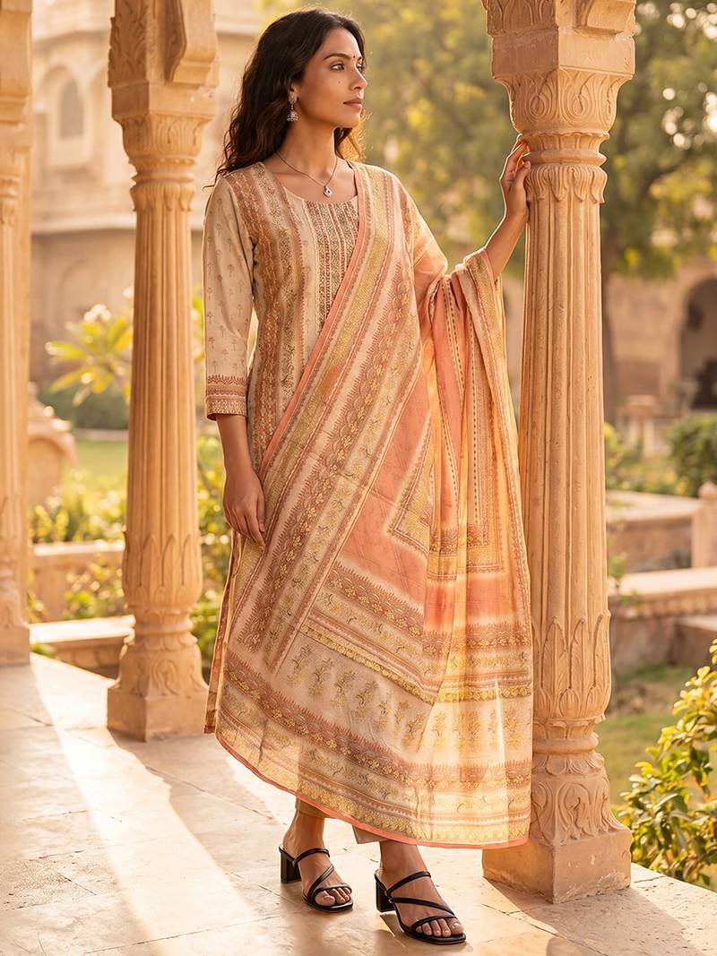 Womens peach pure cotton ethnic motifs printed  straight kurta sets