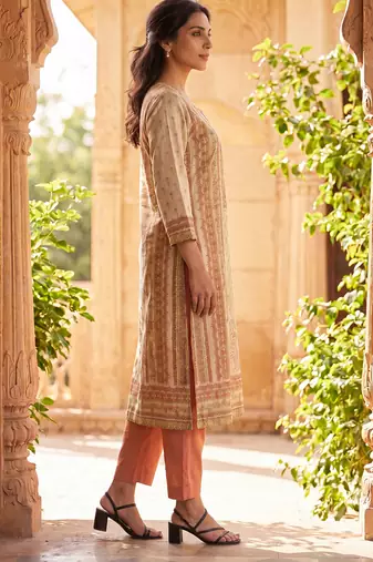Womens peach pure cotton ethnic motifs printed  straight kurta sets