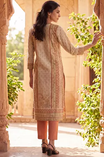 Womens peach pure cotton ethnic motifs printed  straight kurta sets