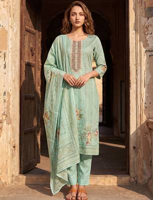 Womens teal pure cotton ethnic motifs printed  straight kurta sets 1