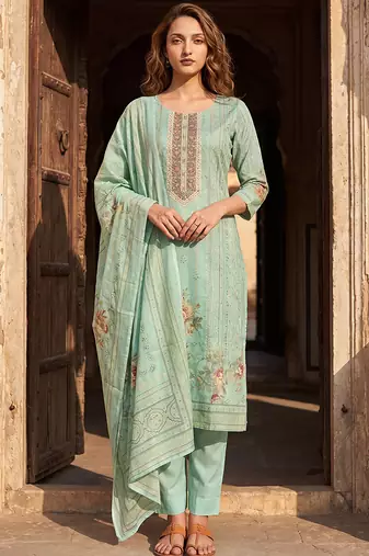 Womens teal pure cotton ethnic motifs printed  straight kurta sets
