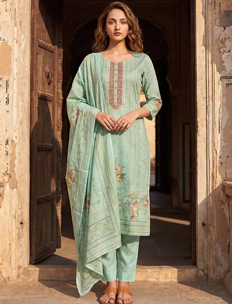 Womens teal pure cotton ethnic motifs printed  straight kurta sets