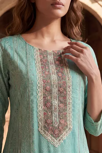 Womens teal pure cotton ethnic motifs printed  straight kurta sets