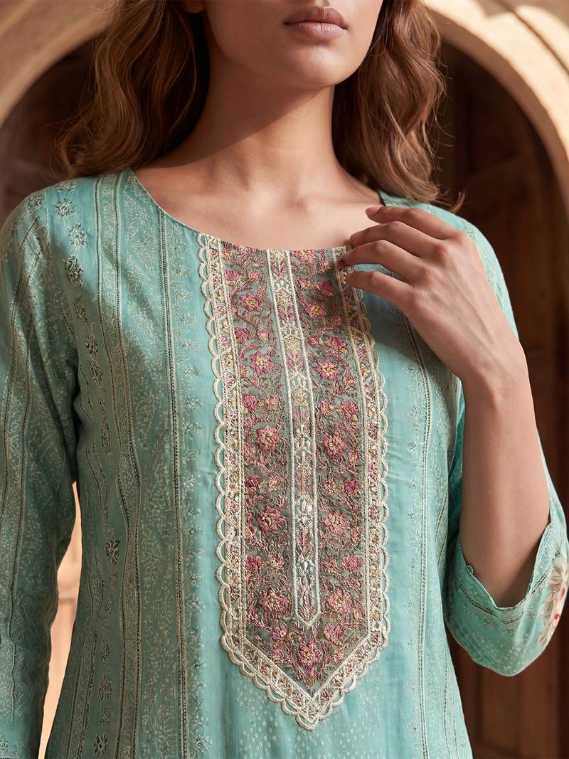 Womens teal pure cotton ethnic motifs printed  straight kurta sets