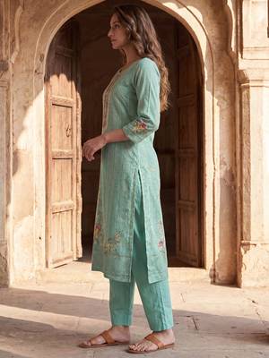 Womens teal pure cotton ethnic motifs printed  straight kurta sets 4