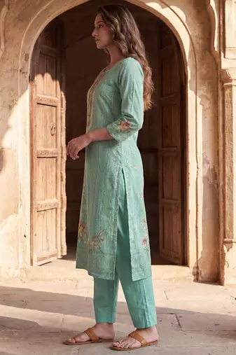 Womens teal pure cotton ethnic motifs printed  straight kurta sets