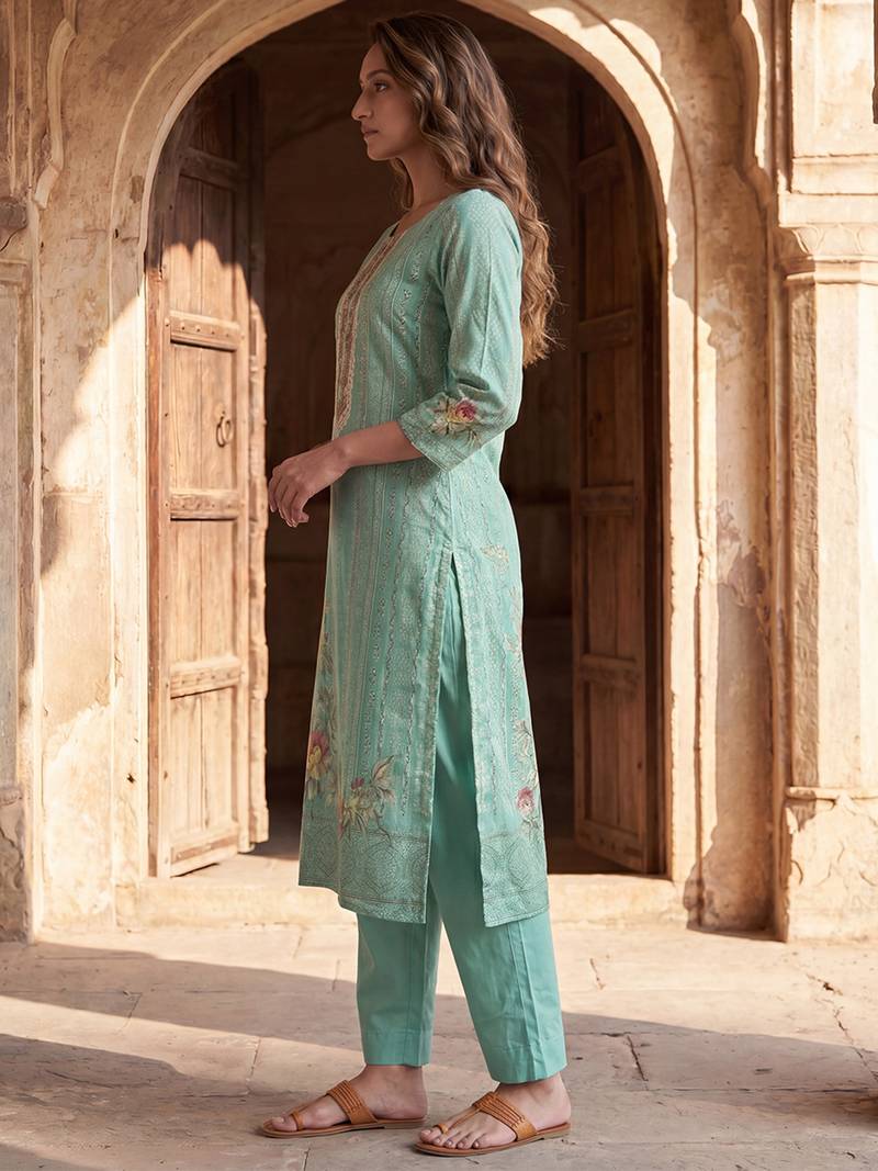 Womens teal pure cotton ethnic motifs printed  straight kurta sets