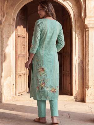 Womens teal pure cotton ethnic motifs printed  straight kurta sets 5