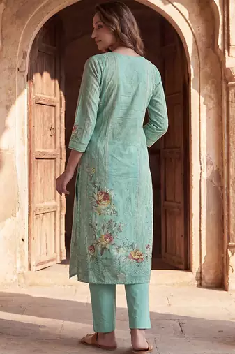 Womens teal pure cotton ethnic motifs printed  straight kurta sets