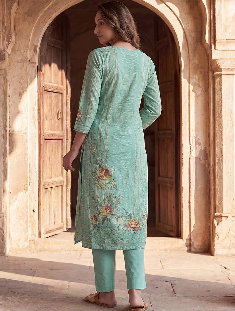 Womens teal pure cotton ethnic motifs printed  straight kurta sets