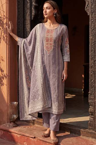 Womens lavender pure cotton ethnic motifs printed  straight kurta sets