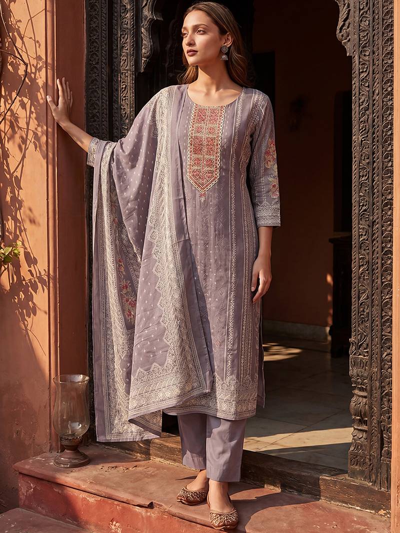 Womens lavender pure cotton ethnic motifs printed  straight kurta sets